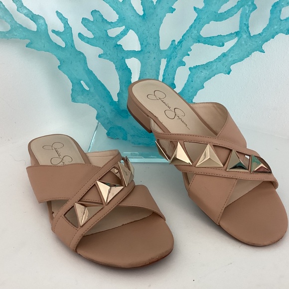 Jessica Simpson Criss Cross Creme Slide Studded Sandals Size 8.5M /39 - Picture 4 of 10